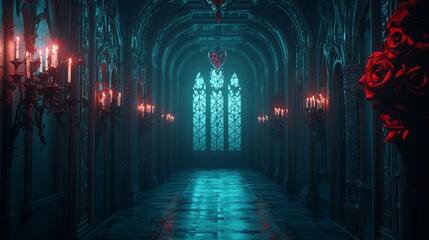 Obraz premium Moody corridor with stained glass and gothic candlelight atmosphere