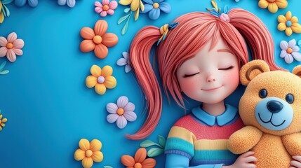 Fototapeta premium A cheerful cartoon girl with pink hair hugs a teddy bear, surrounded by colorful flowers against a vibrant blue background.