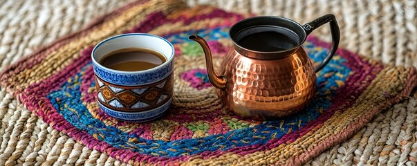 A setup of Turkish coffee served in a traditional cup with a copper pot on a vibrant woven mat