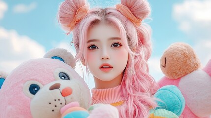 Fototapeta premium A girl with pink hair, styled in buns, holds colorful stuffed animals against a bright, pastel sky backdrop.