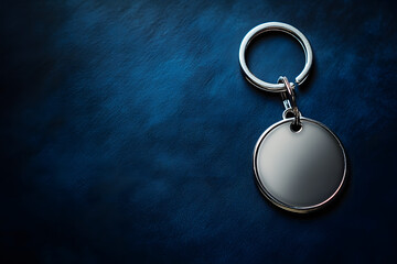 A round silver keychain with no name tag is placed on the dark blue surface of an empty table, creating a visually appealing and minimalistic composition.