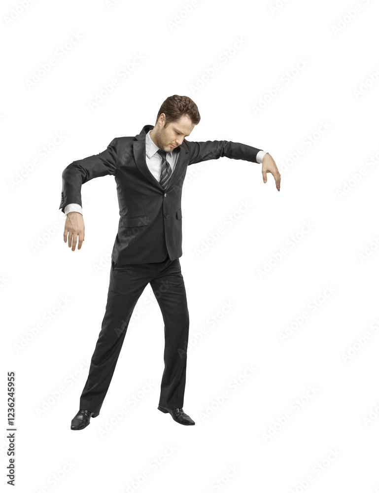 Aufkleber man in formal attire posing with arms loose, resembling a puppet. isolated on white background. conc