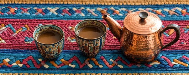 A setup of Turkish coffee served in a traditional cup with a copper pot on a vibrant woven mat