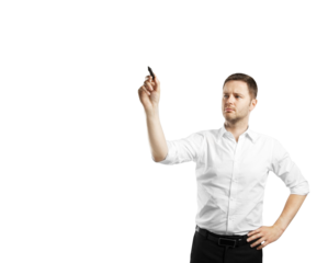 Confident man holding a marker, writing or drawing in the air, wearing a white shirt, isolated on a white background. Concept of creativity