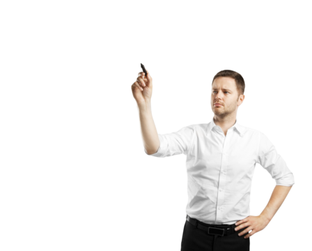 Confident man holding a marker, writing or drawing in the air, wearing a white shirt, isolated on a white background. Concept of creativity
