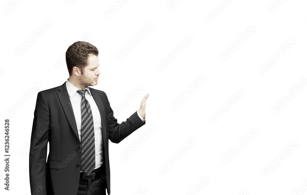 Poster Man in formal suit with striped tie gesturing with one hand on white background. Professional attire concept, isolated for versatile use