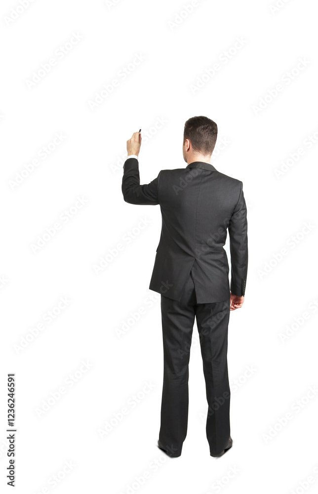 Poster rear view of a man in asuit writing with a pen, isolated on white background. professional concept f
