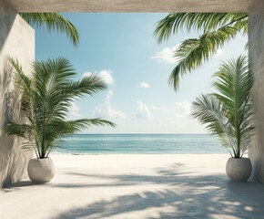 Bright Blue Ocean View From a Wooden Deck Surrounded by Palm Trees During a Sunny Day in a Tropical Paradise