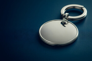A round silver keychain with no name tag is placed on the dark blue surface of an empty table, creating a visually appealing and minimalistic composition.