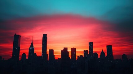 Stunning Sunset Over Silhouette of City Skyline at Dusk
