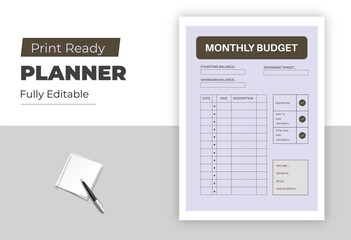 Print Ready Fully Editable Monthly Budget Planner Template