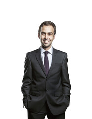 A confident man in a formal suit with a tie, standing with hands in pockets. Isolated on a clean white background. Professional and approachable concept