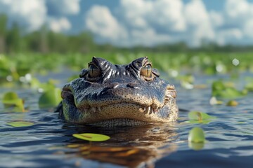 Obraz premium Alligator surfaces in calm waters surrounded by lush vegetation on a sunny day