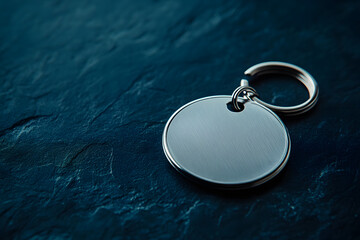 A round silver keychain with no name tag is placed on the dark blue surface of an empty table, creating a visually appealing and minimalistic composition.