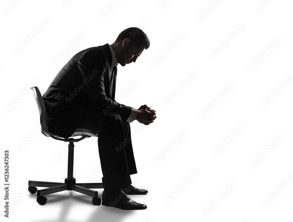 Poster silhouette of a man in a suit sitting on a chair, leaning forward with clasped hands in a contemplat