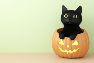 Fototapeta premium 3d black cat in pumpkin halloween theme cozy environment whimsical viewpoint