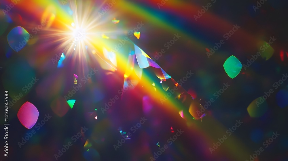 Poster Dazzling prismatic light burst with a vibrant spectrum of colors creating a mesmerizing and captivating abstract background  The image showcases a radiant glow shimmering effects