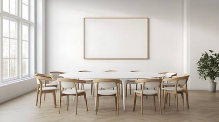 Minimalist dining room with white table and chairs