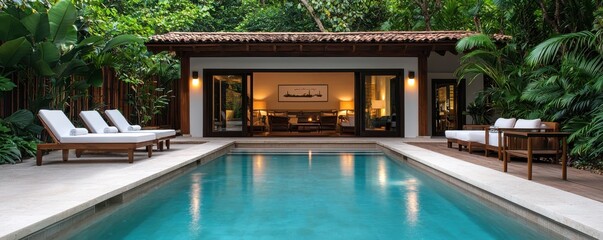 Luxurious Private Cabana with Plush Loungers by the Sparkling Pool in Tropical Oasis   Idyllic Outdoor Retreat for Relaxation and Indulgence in an Exclusive Resort Setting