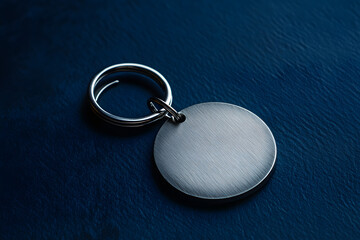 A round silver keychain with no name tag is placed on the dark blue surface of an empty table, creating a visually appealing and minimalistic composition.