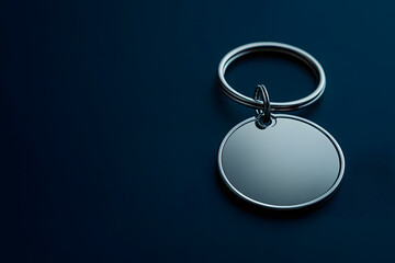 A round silver keychain with no name tag is placed on the dark blue surface of an empty table, creating a visually appealing and minimalistic composition.