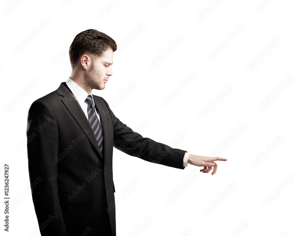 Poster a businessman in a formal suit pointing to the side, isolated on a clean white background. professio