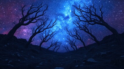Mystical Forest Under Starry Sky with Twisted Bare Trees