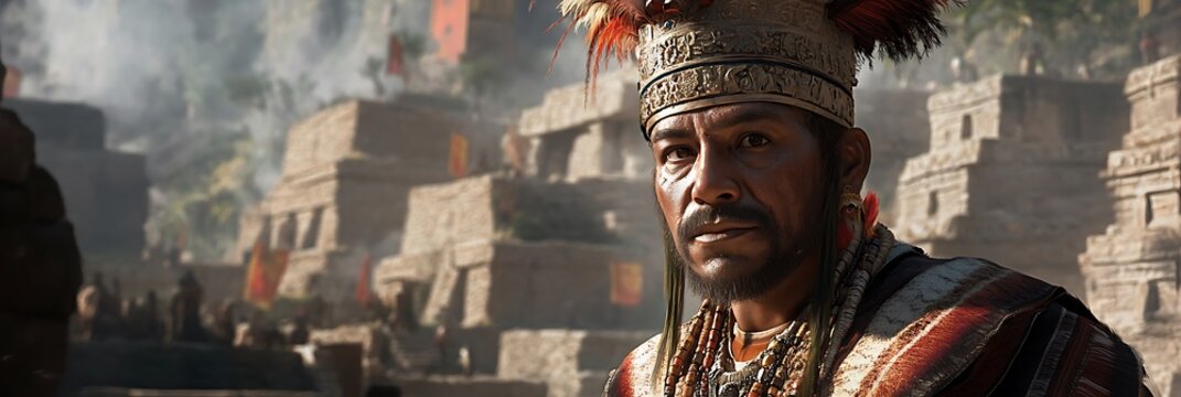 Ancient Inca emperor with feathered headdress standing before grand stone structures