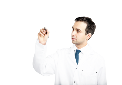A man in a white lab coat holding a pen and writing in the air, isolated on a clean white background. Concept of innovation, science, or education