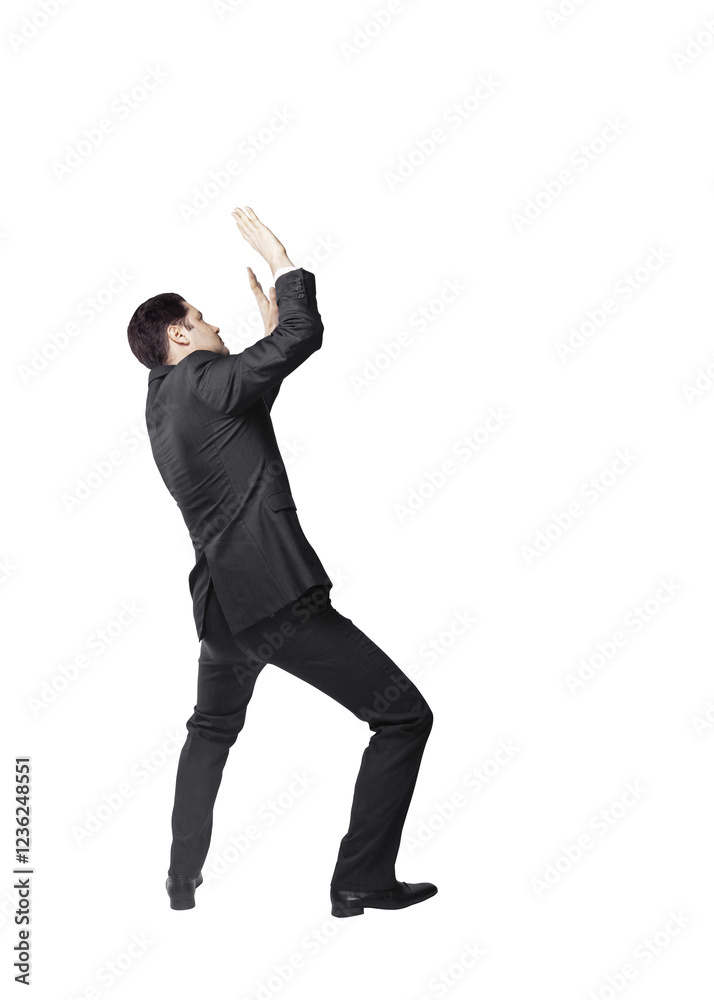 Aufkleber man in formal attire pushing or holding something invisible. isolated clean white background. concep