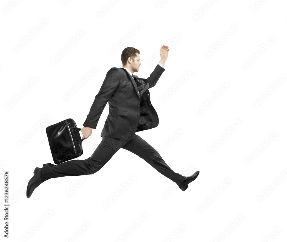 Poster businessman in a suit running with a briefcase, dynamic pose, isolated on a clean white background. 
