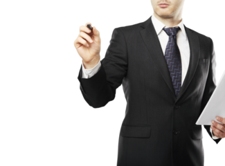 Man in formal business attire holding a pen and paper, writing in the air. Isolated on white background. Concept of business, planning, or presentation