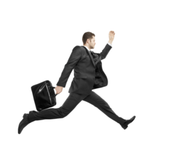 Businessman in a suit running with a briefcase, dynamic pose, isolated on a clean white background. Concept of hurry, business, or success