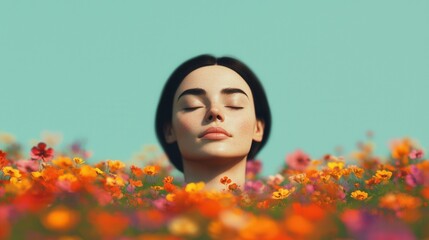 Naklejka premium Serene Woman Surrounded by Colorful Blossoms Against a Blue Sky