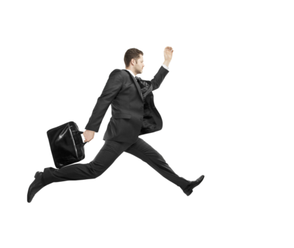 Businessman in a suit running with a briefcase, dynamic pose, isolated on a clean white background. Concept of hurry, business, or success