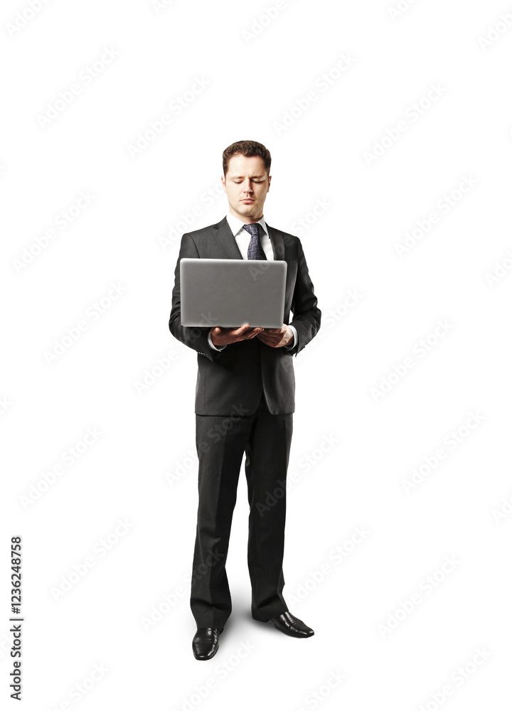 Poster a man in a formal suit using a laptop, standing on an isolated white background. professional busine