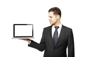 Businessman in suit holding a laptop with a blank white screen. Isolated on a clean white background. Concept for design, mockup, or app display