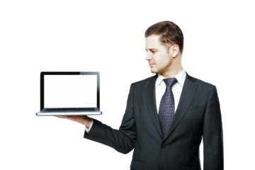 A businessman in a suit holding a laptop with a blank screen, isolated on a white background. Concept of technology, templates, and online design