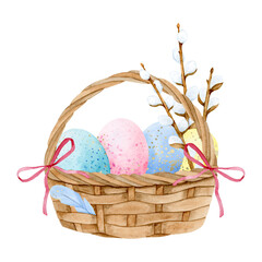 Festive Easter composition with basket, Easter eggs and willow twigs