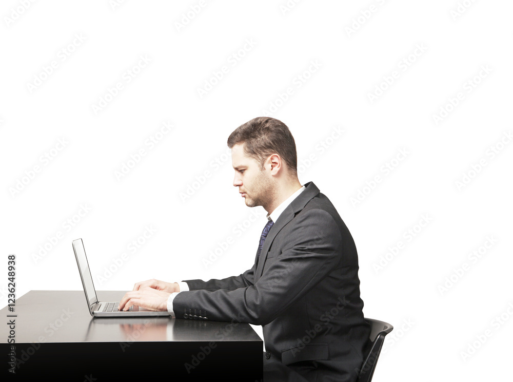 Aufkleber a man in a suit focused on typing on a laptop at a desk, isolated on a white background. concept of 