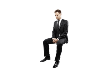 Businessman in formal suit sitting with clasped hands, isolated on white background. Professional closeup, concept of corporate or business design