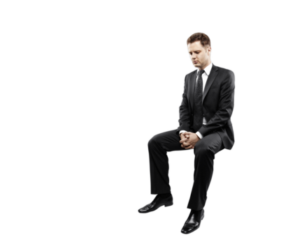 Businessman in formal suit sitting with clasped hands, isolated on white background. Professional closeup, concept of corporate or business design