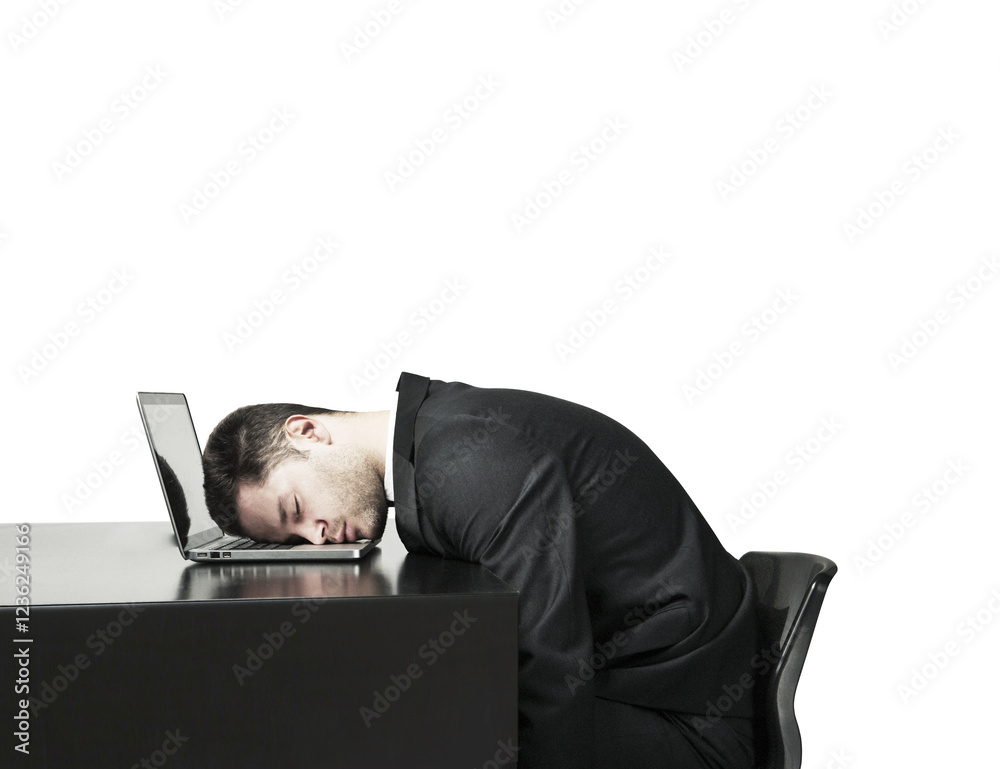 Poster A tired businessman in a suit with his head resting on a laptop at a desk. Minimalistic layout with a plain white background, symbolizing exhaustion