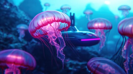 Obraz premium Underwater Scene with Glowing Jellyfish and Futuristic Submarine