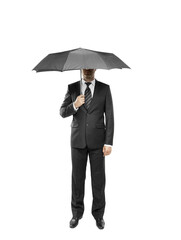 Man dressed in asuit holding an umbrella, standing upright on a clean white background. Concept of protection, formality, and elegance