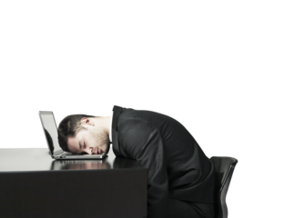 A tired businessman in a suit with his head resting on a laptop at a desk. Minimalistic layout with a plain white background, symbolizing exhaustion