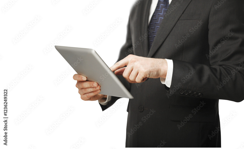 Poster close-up of a businessman in a suit using a tablet, isolated on a white background. concept of techn