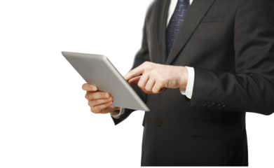 Close-up of a businessman in a suit using a tablet, isolated on a white background. Concept of technology, business, and modern communication