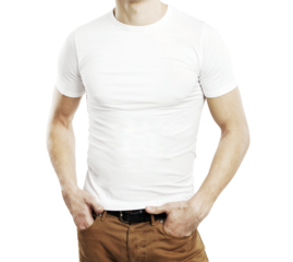 Close-up of a man wearing a plain white t-shirt tucked into brown pants, hands in pockets, isolated on a clean white background. Casual outfit concept