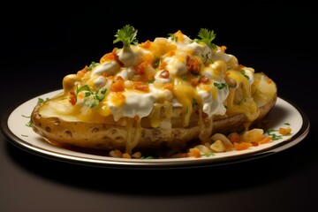 Baked potato with melted cheese, crispy bacon bits, sour cream and parsley on a white plate